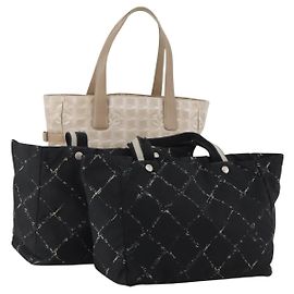CHANEL New Travel Line Tote Bag Nylon 3 Set Black Beige CC Auth BA15740