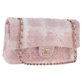 CHANEL Double Flap Chain Matelasse 25 Tasche Tweed Pink Gold CC Auth BA15645SM