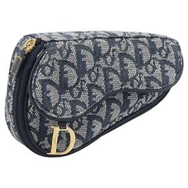 Pouch saddle Christian Dior Trotter Canvas Navy Gold Auth 203040A