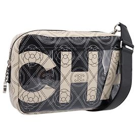 CHANEL Camelia Schultertasche PVC Canvas Schwarz Silber CC Auth 202912SAM