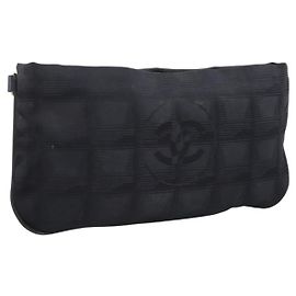 CHANEL New Travel Line Pouch Canvas Black Gold CC Auth 203320
