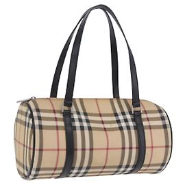 BURBERRY Nova Check Handtasche PVC Leather Beige Silver Auth 201315V