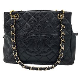 Borsa tote piccola Chanel Vintage in pelle caviar matelassé nera con logo CC impresso e dettagli dorati