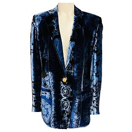 Blazer de veludo estampado azul multi Versace com botões Medusa dourados