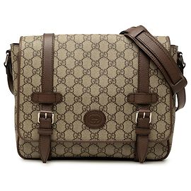 Beige Gucci GG Supreme Texturierte Dollar-Kalbsleder Retro Interlocking G Flap Messenger Bag