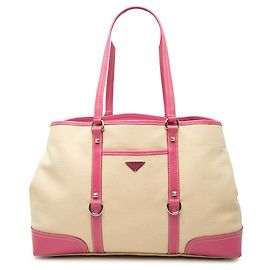Bolsa Tote Satchel Prada em lona rosa com acabamento em couro cravejado e bolso frontal