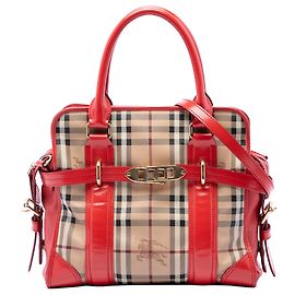 Sac Satchel Minford Portrait en toile enduite Burberry Haymarket Check rouge