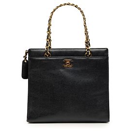 Borsa Tote Chanel CC Caviar Nera con Catena e Chiusura a Rotazione
