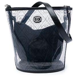 Borsa a secchiello Chanel Coco Camellia Medium in PVC nero e vitello stropicciato