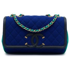 Borsa a tracolla Chanel Medium Tricolor Jersey CC Filigree Flap Blu