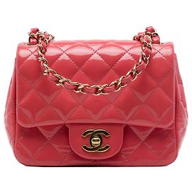 Pink Chanel Mini Square Classic Patent Single Flap Crossbody Bag