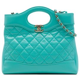 Borsa Shopping Satchel Chanel Mini 31 in Pelle di Agnello Lucida Matelassé Blu