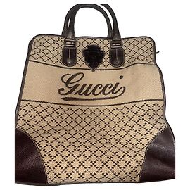 Borsa tote Gucci in tela beige e pelle marrone