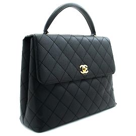 Bolso CHANEL de piel de becerro granulada Bolso de asa superior Kelly Black Flap
