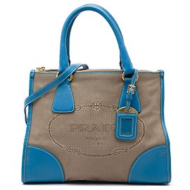 Bolso Prada de lona Canapa con logo, doble cremallera y ribetes de cuero Saffiano marrón