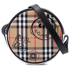 Bolsa tiracolo redonda Burberry Beige House Check em lona e couro de bezerro com estampa de desenho animado
