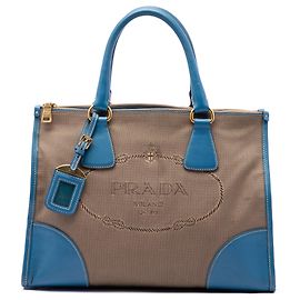 Prada Canapa Logo Satchel mit doppeltem Reißverschluss und braunem Saffiano-Besatz