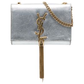 Autre Marque Saint Laurent Silver Small Metallic Calfskin Monogram Kate Tassel Crossbody
