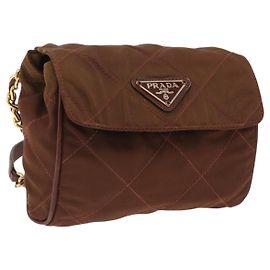 Bolsa de Ombro com Corrente PRADA Nylon Brown Gold Tone Auth 203074
