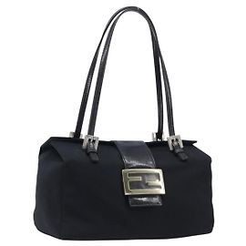 Borsa a mano FENDI Mamma Baguette in jersey di cotone Nero Argento Auth 200914V