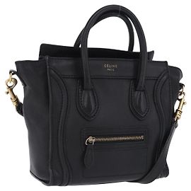 Céline CELINE Luggage Nano Shopper Hand Bag Leather 2way Black Gold Auth 200587M