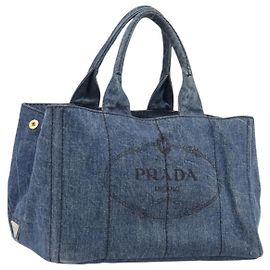 Bolso de mano PRADA Canapa MM Denim Blue Gold Tone Auth 202300A