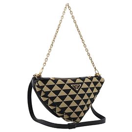 Bolsa de Mão PRADA Triangle Canvas Leather 2way Beige Black 1BC176 Auth ka6170M
