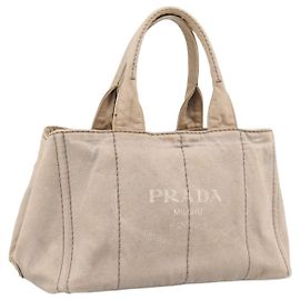 PRADA Canapa MM Handtasche Canvas Grau Gold Auth 203427