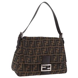 FENDI Zucca Canvas Mamma Baguette Schultertasche Braun Schwarz Auth 200470V
