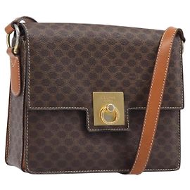 Céline Bolsa de Ombro CELINE Macadam Canvas PVC Leather Brown Gold Auth mr2903