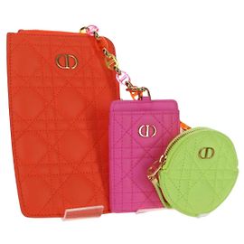 Christian Dior Canage Caro Trio Pouch Lamb Skin Multicolor Gold Auth 200565M