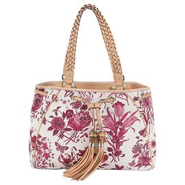 Gucci Bamboo Leder-Tote-Bag mit Quaste und Blumen