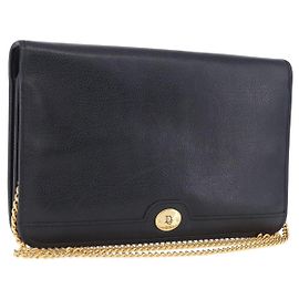 Christian Dior Chain Shoulder Bag Leather Black Gold