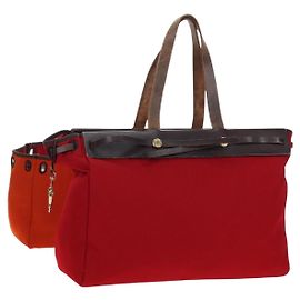 Hermès HERMES Herbag Cabas MM Hand Bag Canvas Leather Red Gold