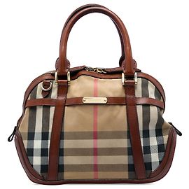Borsa Satchel Bridle Orchard Burberry in tela House Check marrone con rifiniture in pelle Small