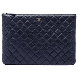 Chanel Blue Large Quilted Caviar O Case Clutch