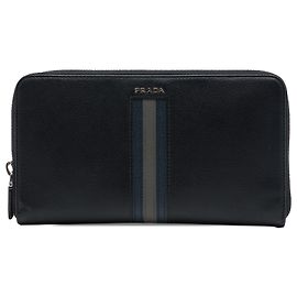 Prada Black Saffiano Striped Zip Around Long Wallet