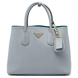 Prada Bolsa Double Satchel em Couro Saffiano Cinza Medium