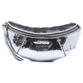 Borsa cintura Miu Miu in pelle di vitello metallizzata argento con applicazioni di paillettes