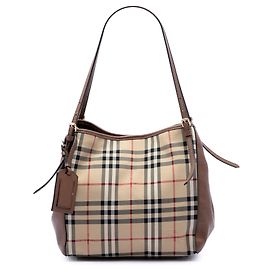 Borsa tote Burberry Canterbury Small in tela rivestita Haymarket Check beige e pelle di vitello