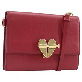 Bolso de hombro PRADA Saffiano Red Gold Tone Auth ka6160