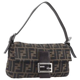 Sac à épaule FENDI Zucca Canvas Mamma Baguette Marron Noir Auth BA15632V
