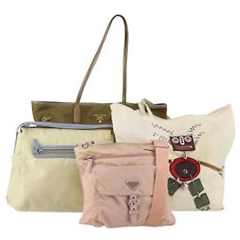 Bolsa de Ombro PRADA Bolsa Tote Nylon 4 Set Khaki Pink Auth ti4038
