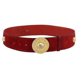 Céline CELINE Belt Suede 35"" Red Gold Auth 203816