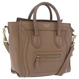 Céline CELINE Luggage Nano Shopper Hand Bag Leather 2way Beige Gold Auth 200630A