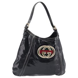GUCCI Interlocking Schultertasche PVC Leather Black Gold Tone 162740 Auth 201423