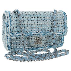 Borsa a tracolla CHANEL Chain Matelasse 20 in tweed Blu Argento CC Auth BA15642SM
