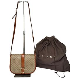 Céline Vintage Celine Macadam Canvas Umhängetasche mit Klappe Beige Brown