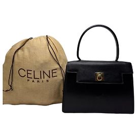 Céline Vintage Celine Structured Leather Top-Handle Bag Black Gold