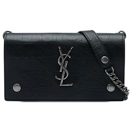 Autre Marque Saint Laurent Monogram Rider Wallet on Chain aus schwarzem Leder in Krokoprägung